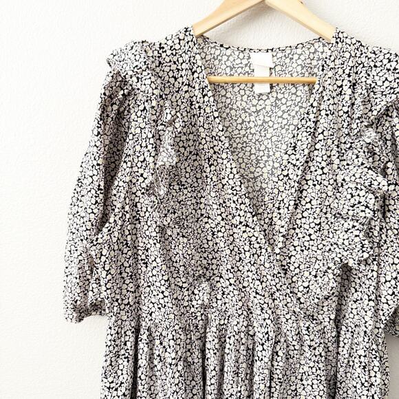H&M | Floral Puff Sleeve Dress Ruffles black White Yellow Pink Cottagecore | XL - Picture 3 of 9